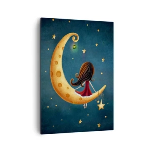Cuadro sobre lienzo - Impresión de Imagen - Una niña en la luna rodeada de estrellas. - 50x70cm - Érase una vez... - Decoración de pared moderna para salón y dormitorio ARTTOR