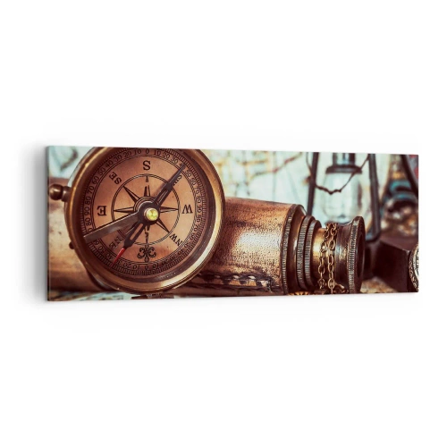 Cuadro sobre lienzo - Impresión de Imagen - Un conjunto retro con brújula, telescopio y mapa con temática de viajes. - 140x50cm - Te espera una aventura pirata en el Caribe - Decoración de pared moderna para salón y dormitorio ARTTOR