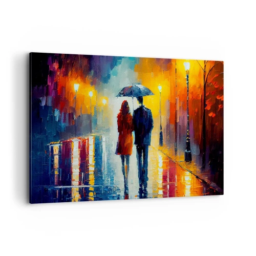 Cuadro sobre lienzo - Impresión de Imagen - Una pareja bajo un paraguas caminando por una colorida ciudad nocturna. - 120x80cm - Juntos en una noche llena de color - Decoración de pared moderna para salón y dormitorio ARTTOR