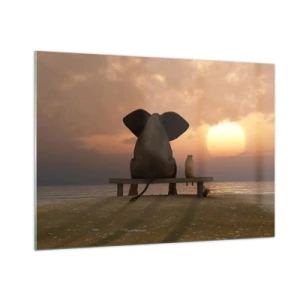 Cuadro sobre vidrio - Impresiones sobre Vidrio - Elefante y perro en un banco al atardecer - 100x70cm - Es bueno estar en silencio juntos - Decoración de pared moderna para salón y dormitorio ARTTOR
