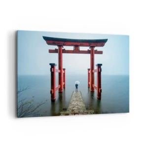 Cuadro sobre lienzo - Impresión de Imagen - Una puerta torii con vistas a un lago tranquilo en Japón - 120x80cm - Ensueño japonés - Decoración de pared moderna para salón y dormitorio ARTTOR