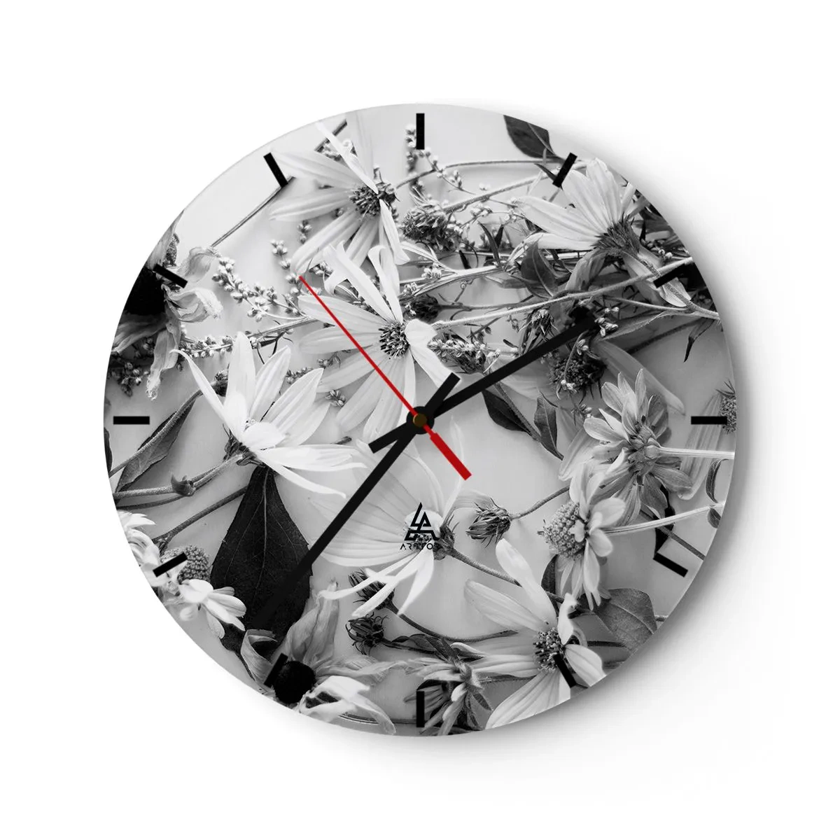 Reloj de pared - Reloj de vidrio - Flores blancas y negras esparcidas sobre un fondo claro en un arreglo informal. - 30x30cm - Un no ramo de flores - Decoración de pared moderna para salón, cocina y dormitorio ARTTOR