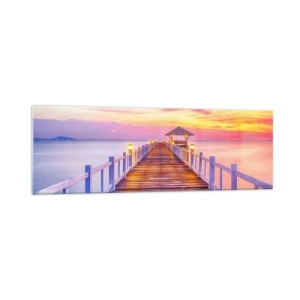 Cuadro sobre vidrio - Impresiones sobre Vidrio - Un muelle sobre el agua al atardecer en colores pastel. - 160x50cm - El silencio lila-dorado de la tarde - Decoración de pared moderna para salón y dormitorio ARTTOR