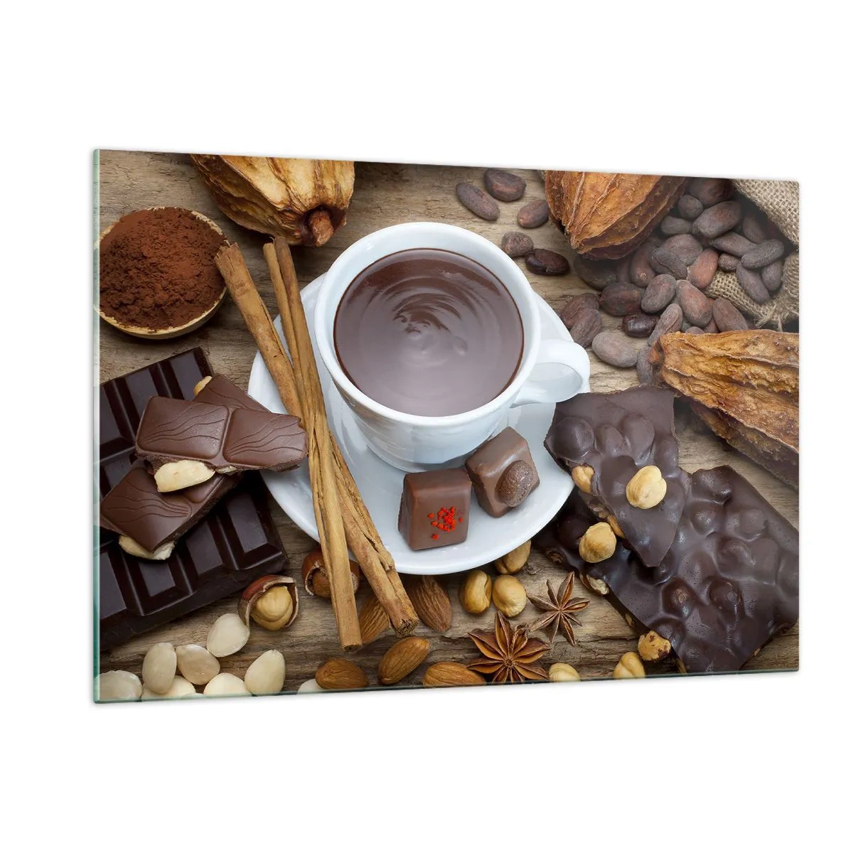Cuadro sobre vidrio - Impresiones sobre Vidrio - Una taza de chocolate caliente con aderezos sobre un fondo rústico. - 120x80cm - Chocolate de ensueño - Decoración de pared moderna para salón y dormitorio ARTTOR