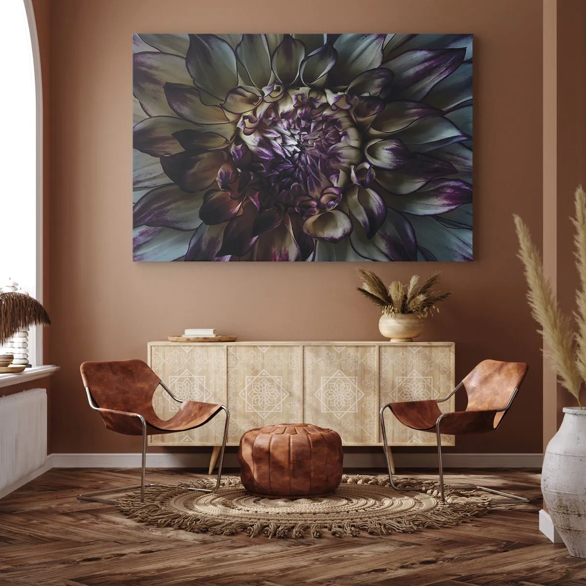Cuadro sobre lienzo - Impresión de Imagen - Primer plano de una flor de dalia en tonos oscuros. - 120x80cm - El florecimiento de la hermosura - Decoración de pared moderna para salón y dormitorio ARTTOR