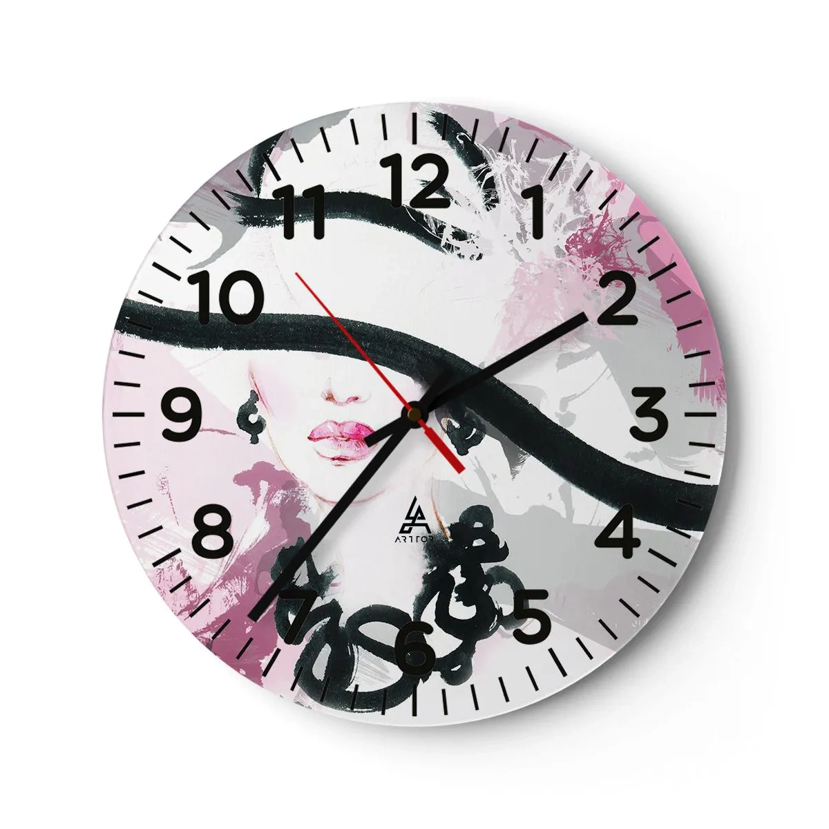 Reloj de pared - Reloj de vidrio - Retrato de una dama en negro y rosa - 40x40 cm