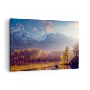 Cuadro sobre lienzo - Impresión de Imagen - Vista pintoresca del bosque de montaña y el lago al amanecer. - 100x70cm - Entre las montañas y los valles - Decoración de pared moderna para salón y dormitorio ARTTOR