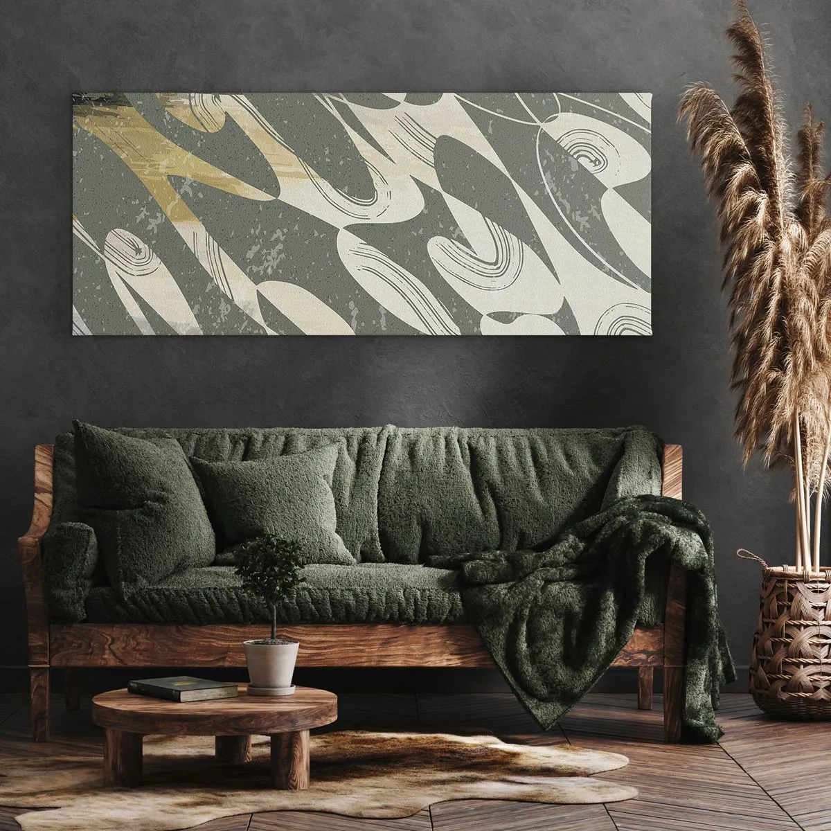 Cuadro sobre lienzo - Impresión de Imagen - Formas dinámicas en tonos verdes y dorados. - 140x50cm - Abstracción rítmica - Decoración de pared moderna para salón y dormitorio ARTTOR