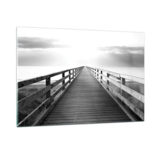 Cuadro sobre vidrio - Impresiones sobre Vidrio - Un puente de madera que conduce hacia el horizonte en blanco y negro. - 120x80cm - En la distancia... - Decoración de pared moderna para salón y dormitorio ARTTOR
