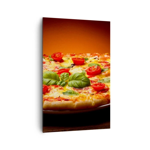 Cuadro sobre lienzo - Impresión de Imagen - Pizza con tomates y albahaca sobre una mesa de madera. - 80x120cm - ¡Mamma mia! - Decoración de pared moderna para salón y dormitorio ARTTOR