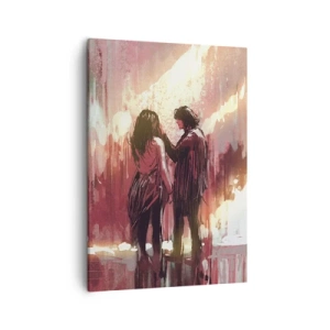 Cuadro sobre lienzo - Impresión de Imagen - Una pareja de pie bajo una luz cálida contra un fondo de patrones abstractos. - 50x70cm - El eterno espectáculo del amor - Decoración de pared moderna para salón y dormitorio ARTTOR