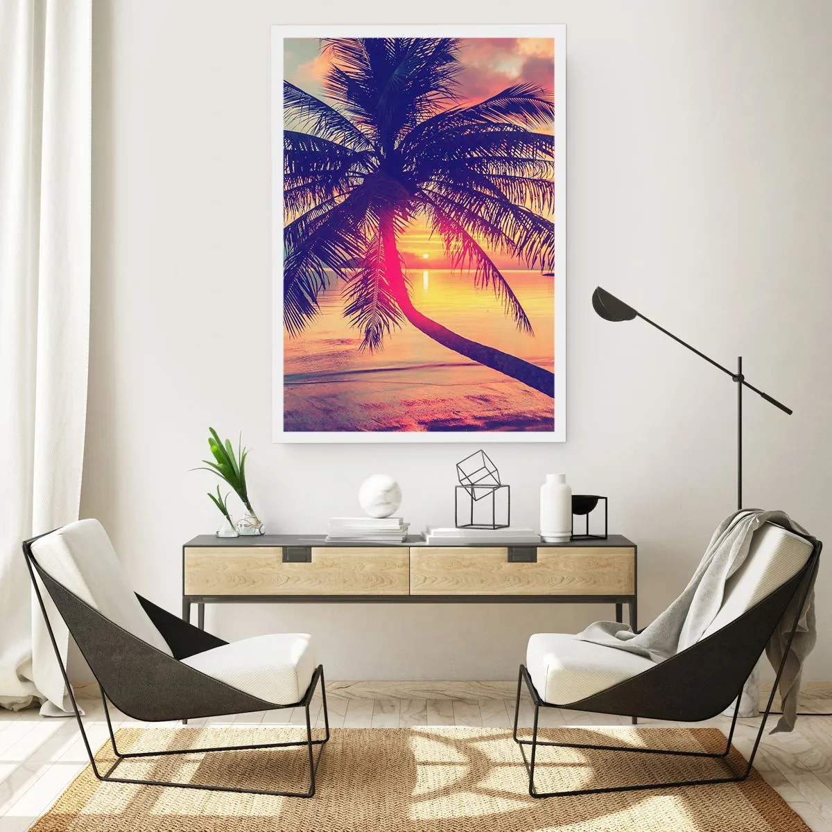 Póster - Palmera al atardecer con vistas a un mar en calma - 50x70cm - Atardecer bajo las palmeras - Decoración de pared moderna para salón y dormitorio ARTTOR