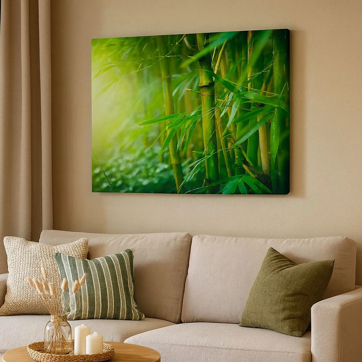 Cuadro sobre lienzo - Impresión de Imagen - Bosque de bambú verde bajo una luz suave - 70x50cm - Conocer el propio verdor - Decoración de pared moderna para salón y dormitorio ARTTOR