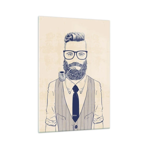Cuadro sobre vidrio - Impresiones sobre Vidrio - Hombre estilizado con barba, pipa y gafas. - 70x100cm - Alegre, masculino y a la moda - Decoración de pared moderna para salón y dormitorio ARTTOR