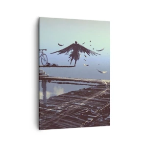 Cuadro sobre lienzo - Impresión de Imagen - Una figura con plumas flota sobre un puente de madera al lado de una bicicleta. - 50x70cm - Ícaro eternamente vivo - Decoración de pared moderna para salón y dormitorio ARTTOR