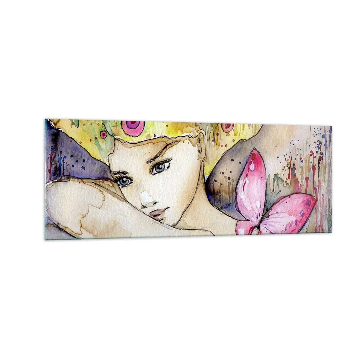 Cuadro sobre vidrio - Impresiones sobre Vidrio - Una mujer con un peinado abstracto y una mariposa rosa. - 140x50cm - Una princesa mariposa - Decoración de pared moderna para salón y dormitorio ARTTOR