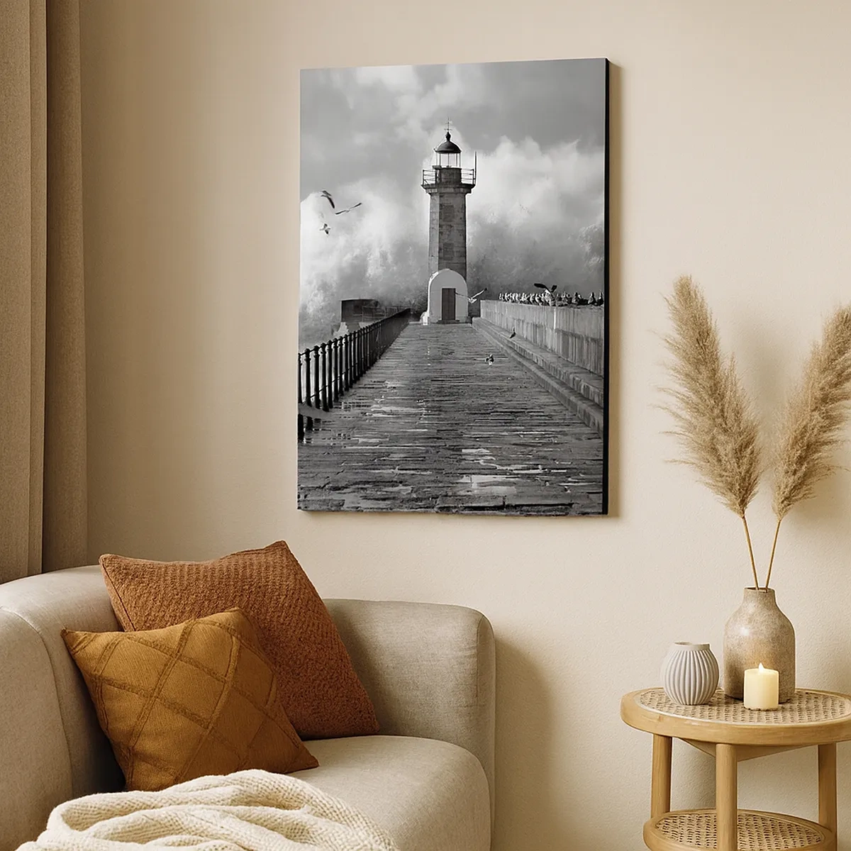 Cuadro sobre lienzo - Impresión de Imagen - Un faro rodeado de olas durante una tormenta. - 50x70cm - Audaz - Decoración de pared moderna para salón y dormitorio ARTTOR