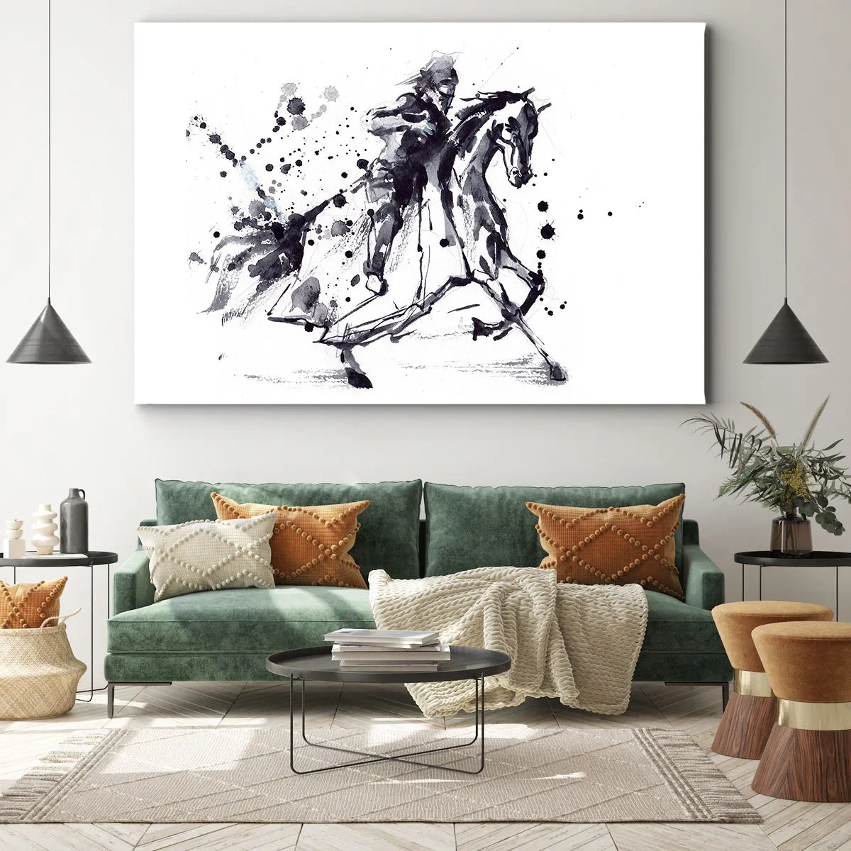 Cuadro sobre lienzo - Impresión de Imagen - Acuarela en blanco y negro de un jinete sobre un caballo al galope. - 120x80cm - Caballero negro - Decoración de pared moderna para salón y dormitorio ARTTOR