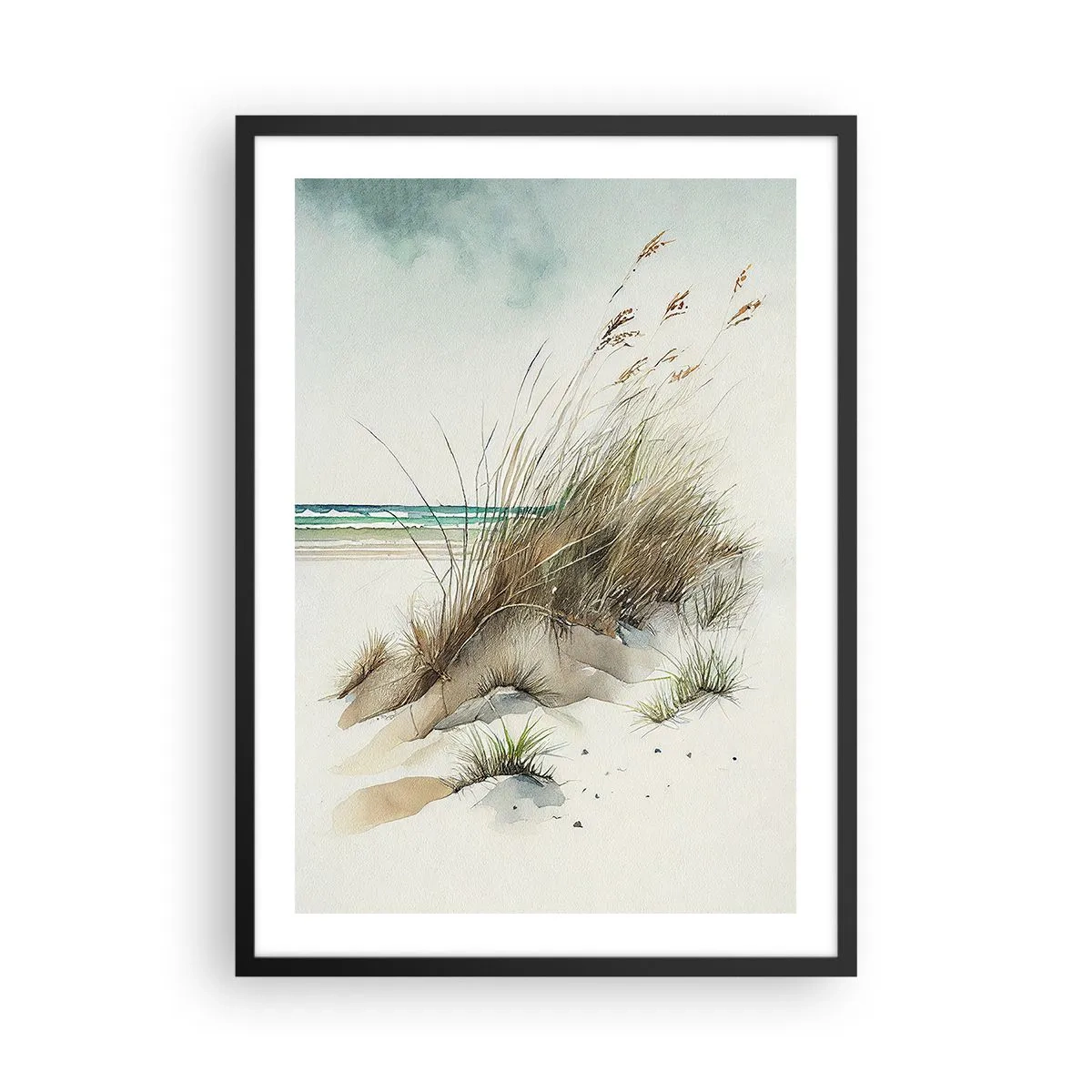 Póster en marco negro - Dunas de estilo acuarela con hierbas junto a un mar en calma - 50x70cm - Rodeada por arena - Decoración de pared moderna para salón y dormitorio ARTTOR