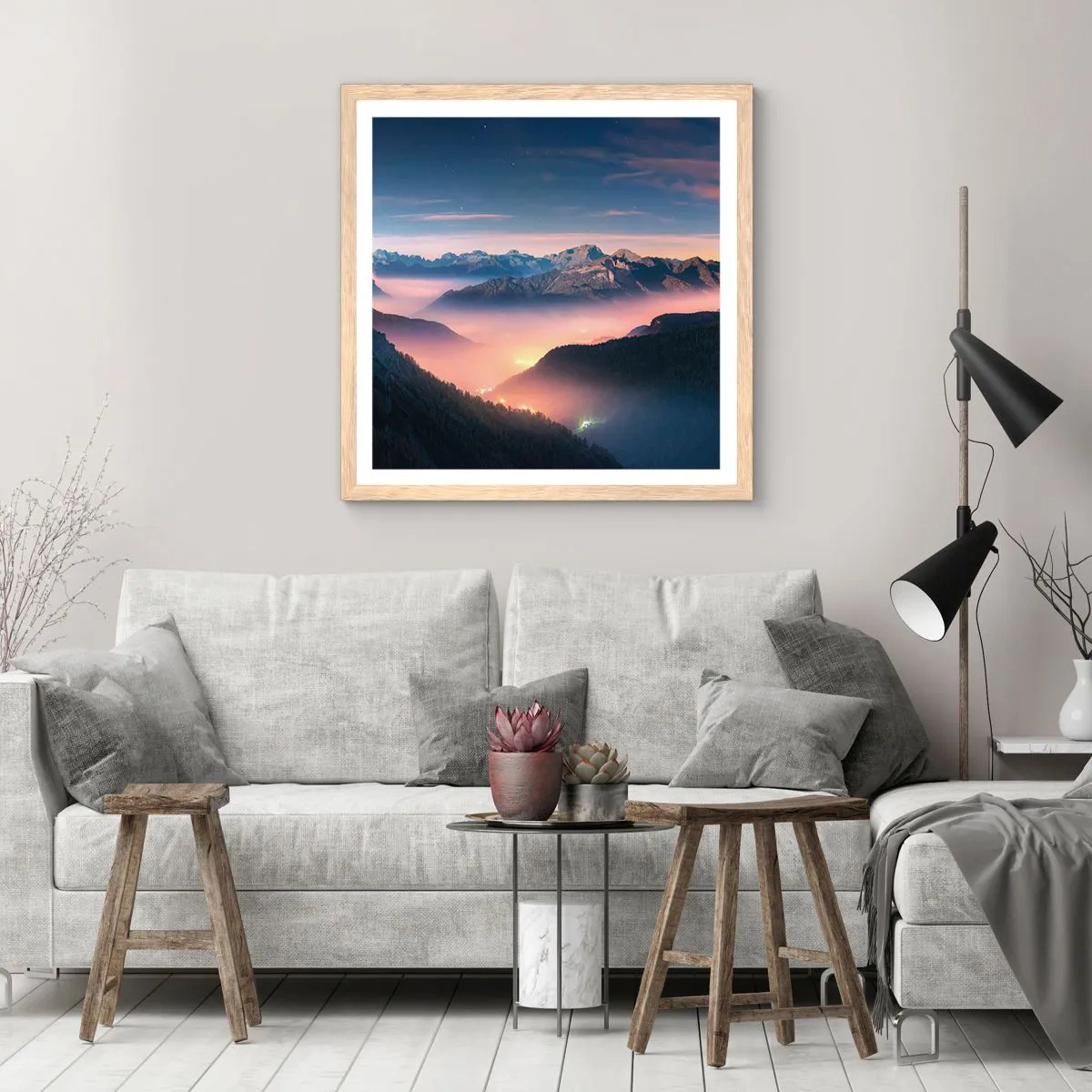 Póster en marco roble claro - Luz en los valles - 30x30 cm