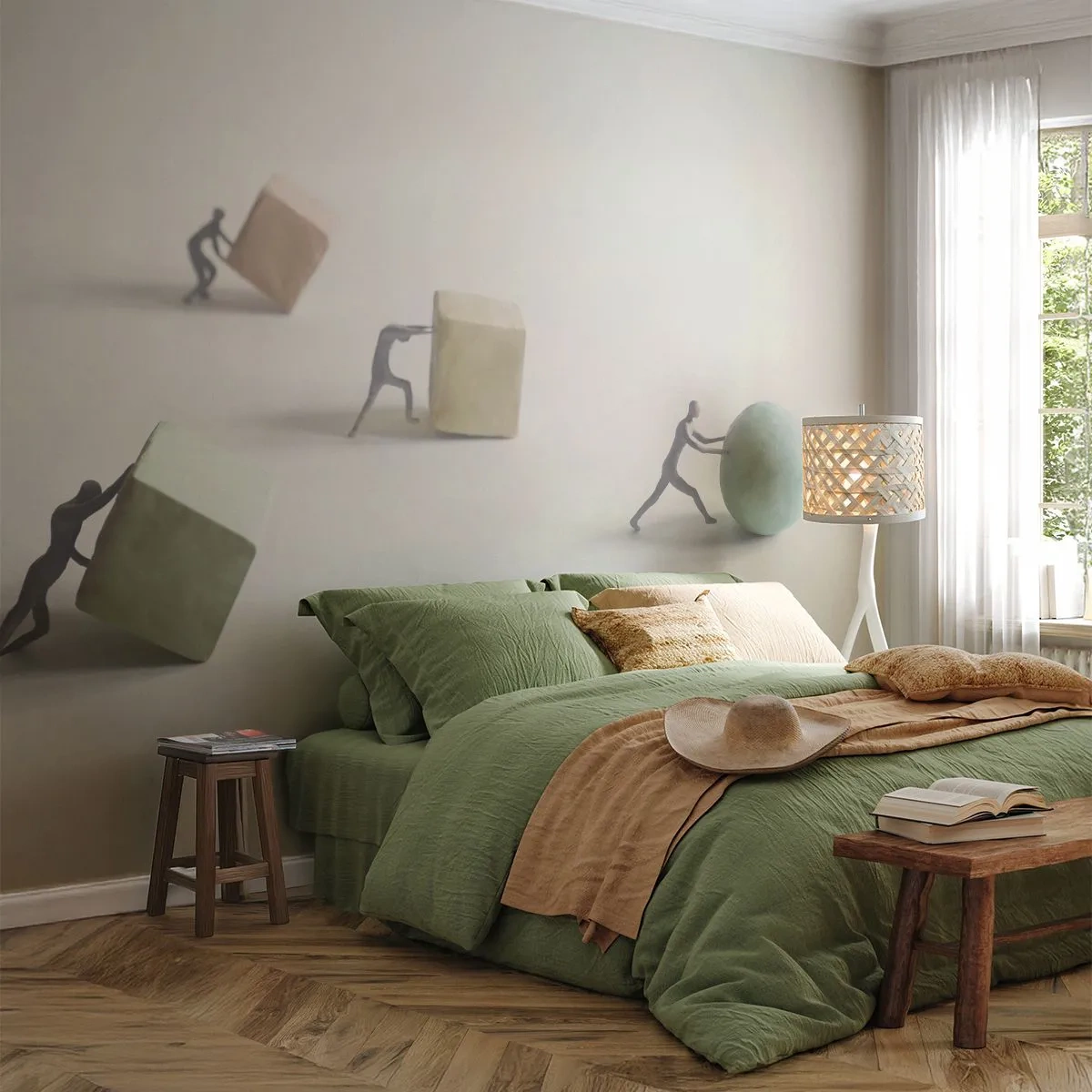 Fotomural Premium Canvas - Figuras en miniatura que empujan formas contra un fondo claro. - 100x70cm - El avance de la geometría - Decoración de pared moderna para salón y dormitorio ARTTOR