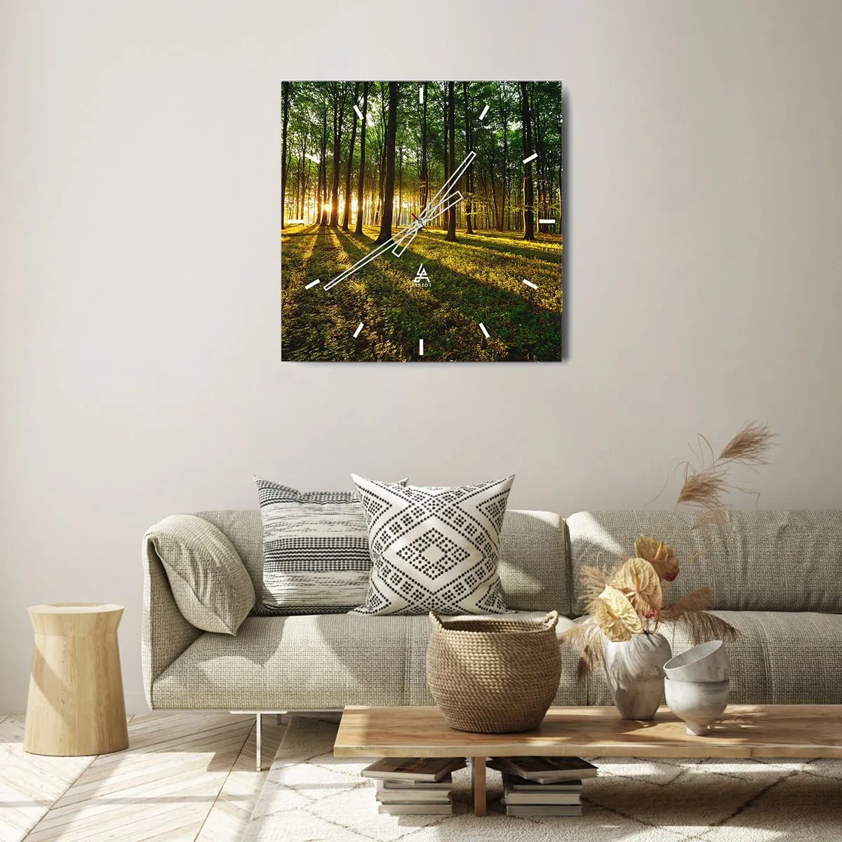 Reloj de pared - Reloj de vidrio - El sol poniente en el bosque caducifolio - 30x30cm - Una fotografía de todos los manantiales - Decoración de pared moderna para salón y dormitorio ARTTOR