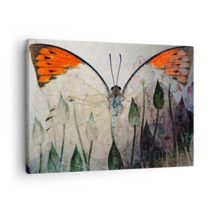 Cuadro sobre lienzo - Impresión de Imagen - Una mariposa con alas naranjas sobre un fondo de flores estilizadas. - 70x50cm - Donde la mariposa se mece en la hierba - Decoración de pared moderna para salón y dormitorio ARTTOR