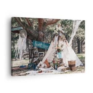 Cuadro sobre lienzo - Impresión de Imagen - Decoración boho con un tipi en el bosque - 70x50cm - Amor exótico - Decoración de pared moderna para salón y dormitorio ARTTOR