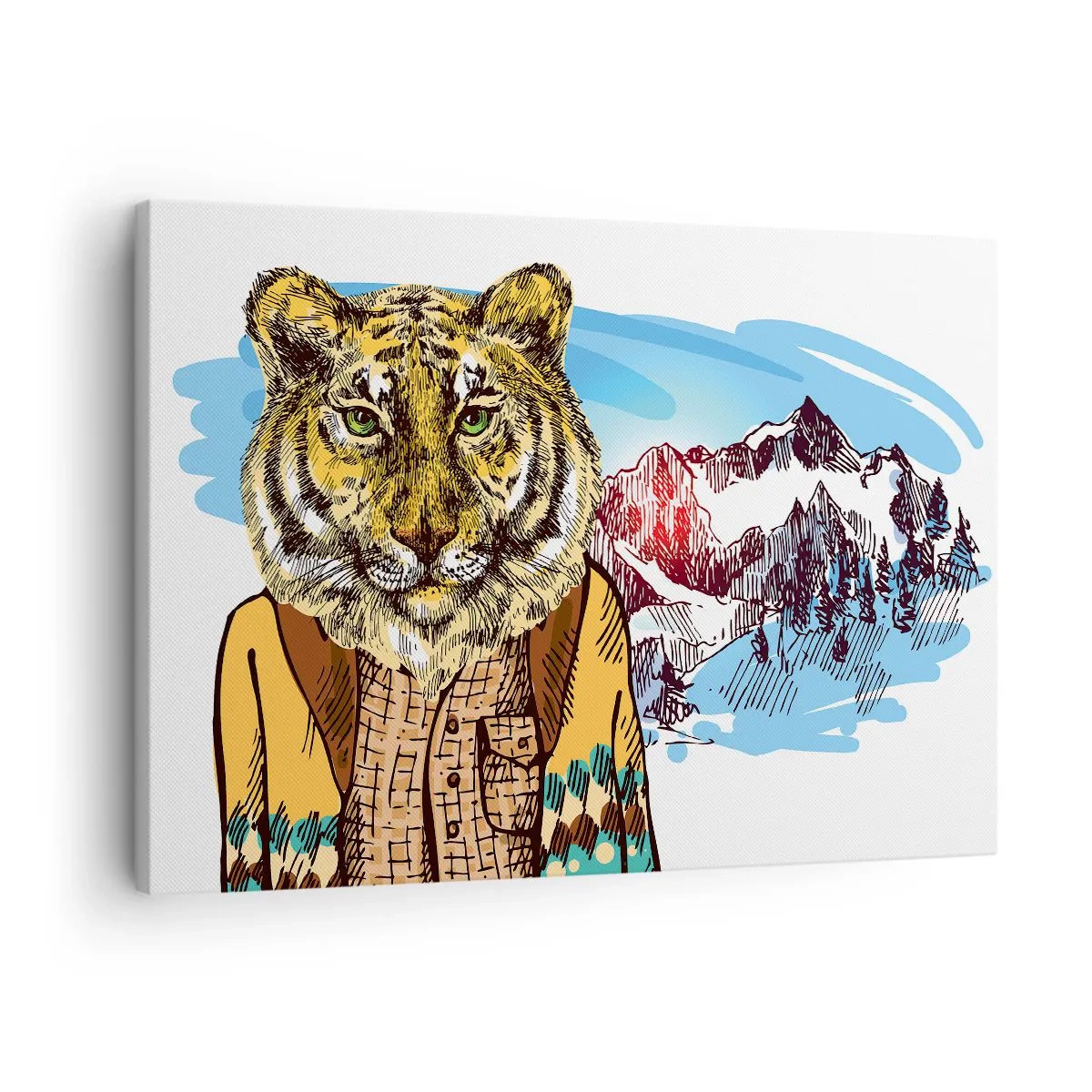 Cuadro sobre lienzo - Impresión de Imagen - Un tigre con abrigo frente a un paisaje montañoso. - 70x50cm - No es tan salvaje como dicen - Decoración de pared moderna para salón y dormitorio ARTTOR