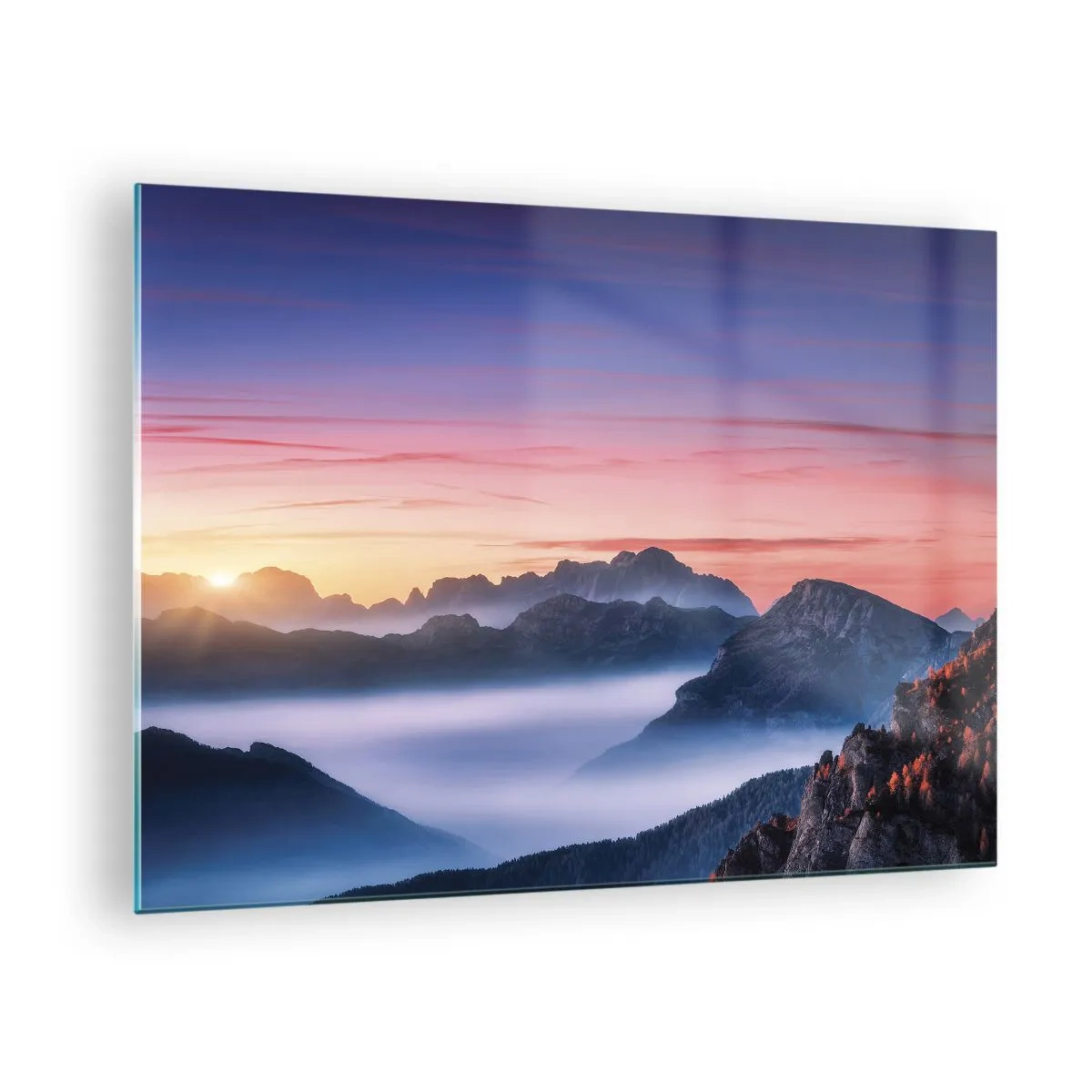Cuadro sobre vidrio - Impresiones sobre Vidrio - Un pintoresco amanecer sobre el paisaje montañoso. - 70x50cm - Sobre los valles - Decoración de pared moderna para salón y dormitorio ARTTOR