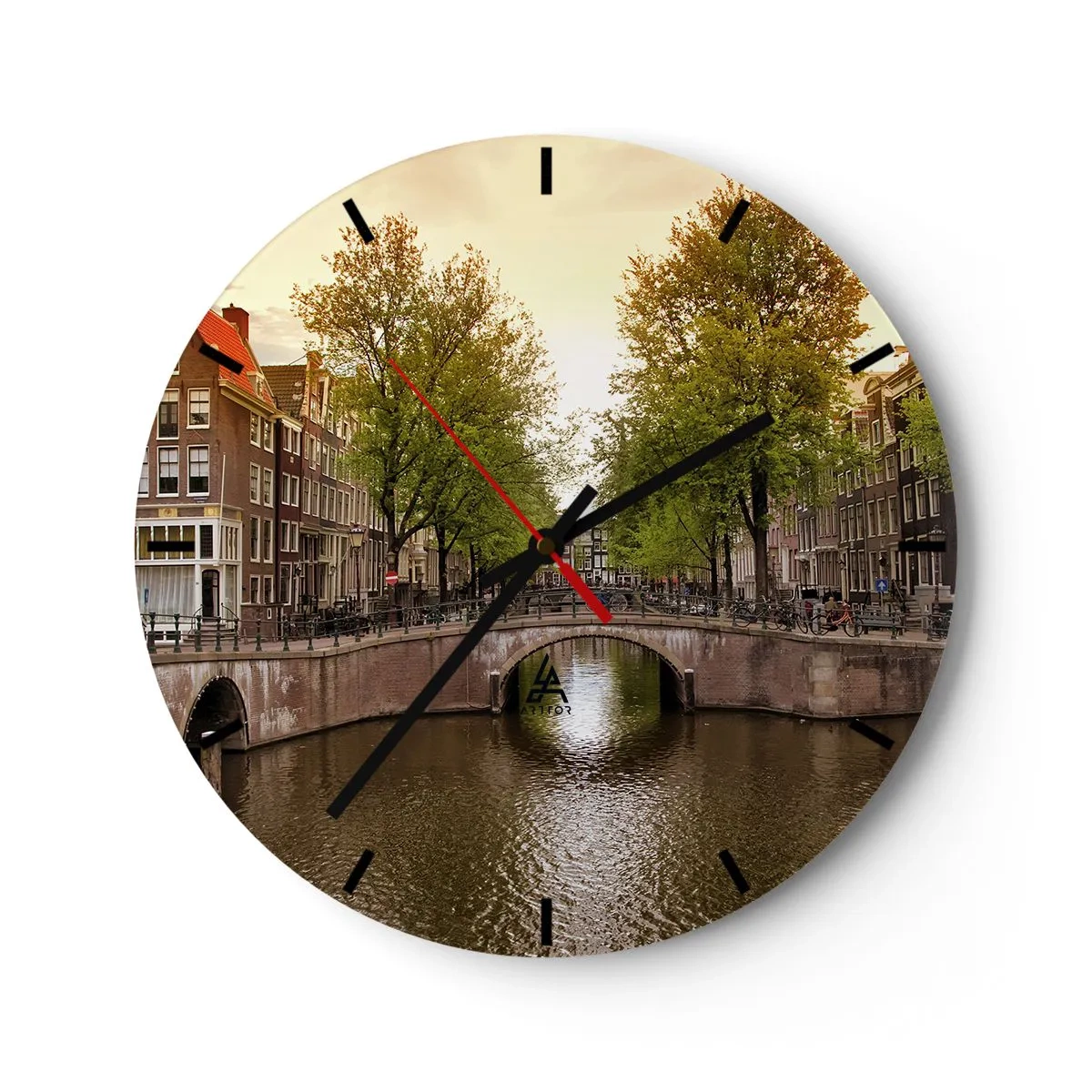 Reloj de pared - Reloj de vidrio - Canal con puente y casas de vecindad en Ámsterdam - 30x30cm - ¿En barco o en bicicleta? - Decoración de pared moderna para salón, cocina y dormitorio ARTTOR