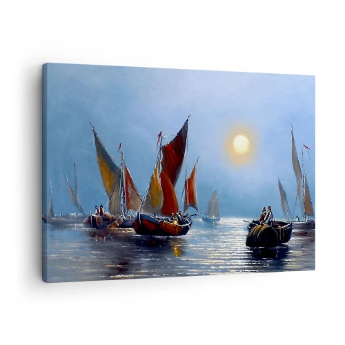 Cuadro sobre lienzo - Impresión de Imagen - Barcos con velas en aguas tranquilas al atardecer - 70x50cm - Pesca nocturna - Decoración de pared moderna para salón y dormitorio ARTTOR