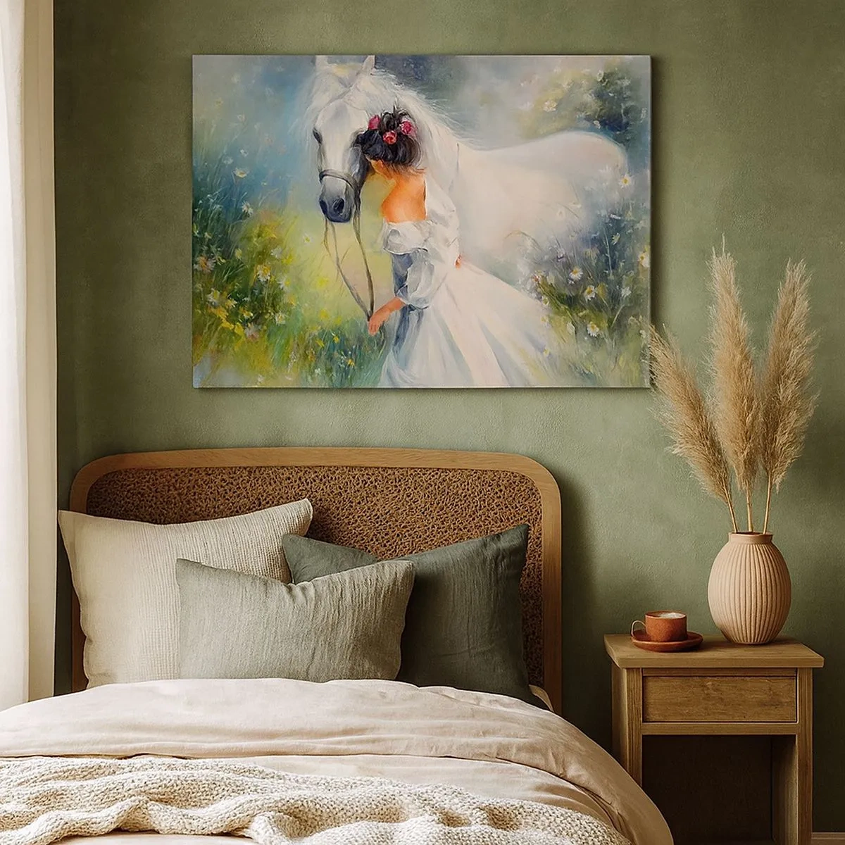 Cuadro sobre lienzo - Impresión de Imagen - Una mujer con un caballo blanco en un entorno pintoresco. - 70x50cm - Como si de un hermoso sueño se tratara - Decoración de pared moderna para salón y dormitorio ARTTOR