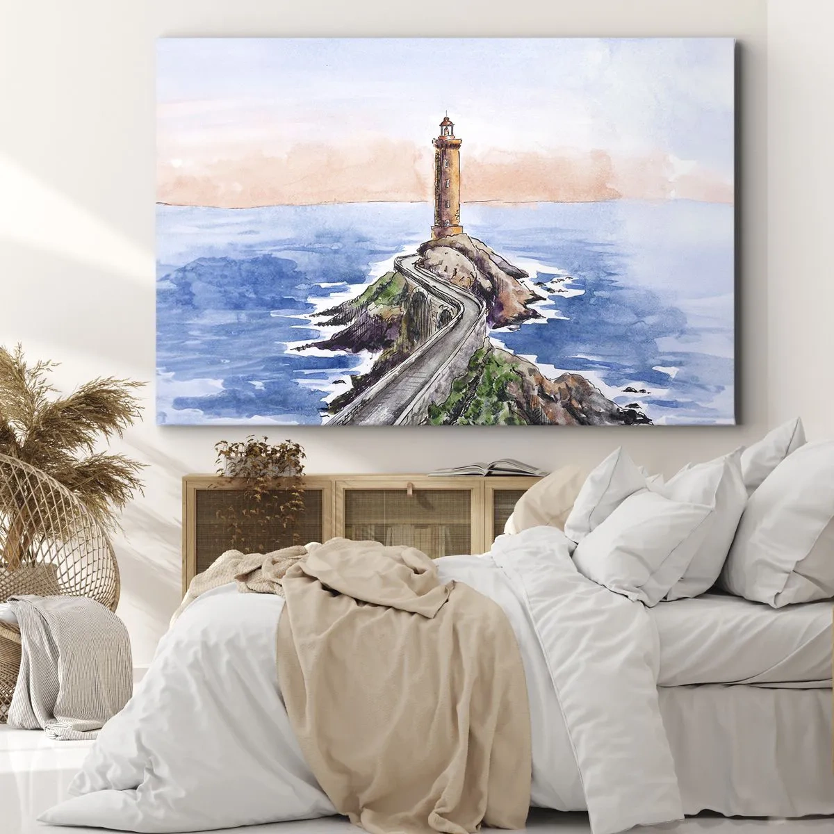 Cuadro sobre lienzo - Impresión de Imagen - Un faro en una costa rocosa - 70x50cm - Frente al mar - Decoración de pared moderna para salón y dormitorio ARTTOR