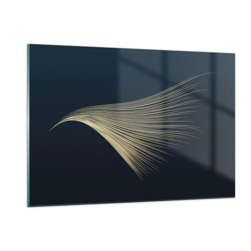 Cuadro sobre vidrio - Impresiones sobre Vidrio - Una línea dorada que se asemeja a un ala sobre un fondo azul marino. - 120x80cm - Como el cabello de un ángel - Decoración de pared moderna para salón y dormitorio ARTTOR