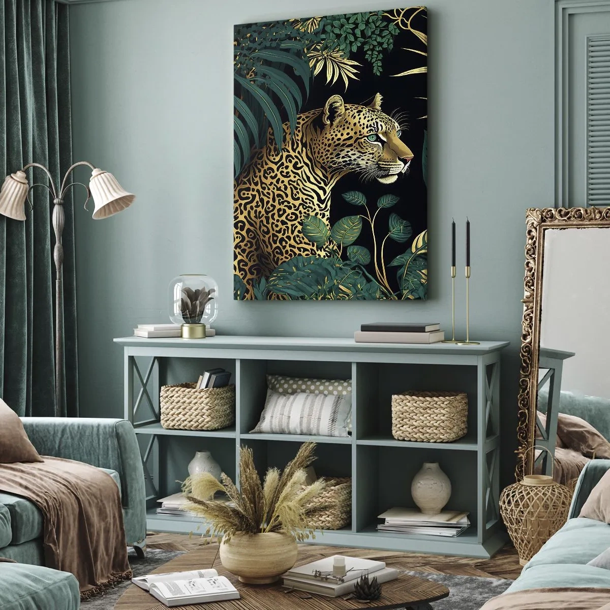 Cuadro sobre lienzo - Impresión de Imagen - Leopardo en hojas tropicales sobre un fondo negro - 50x70cm - El anfitrión en la jungla - Decoración de pared moderna para salón y dormitorio ARTTOR