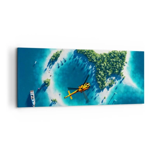 Cuadro sobre lienzo - Impresión de Imagen - Una isla tropical rodeada de agua turquesa con un helicóptero a la vista. - 120x50cm - Cómprate una isla - Decoración de pared moderna para salón y dormitorio ARTTOR