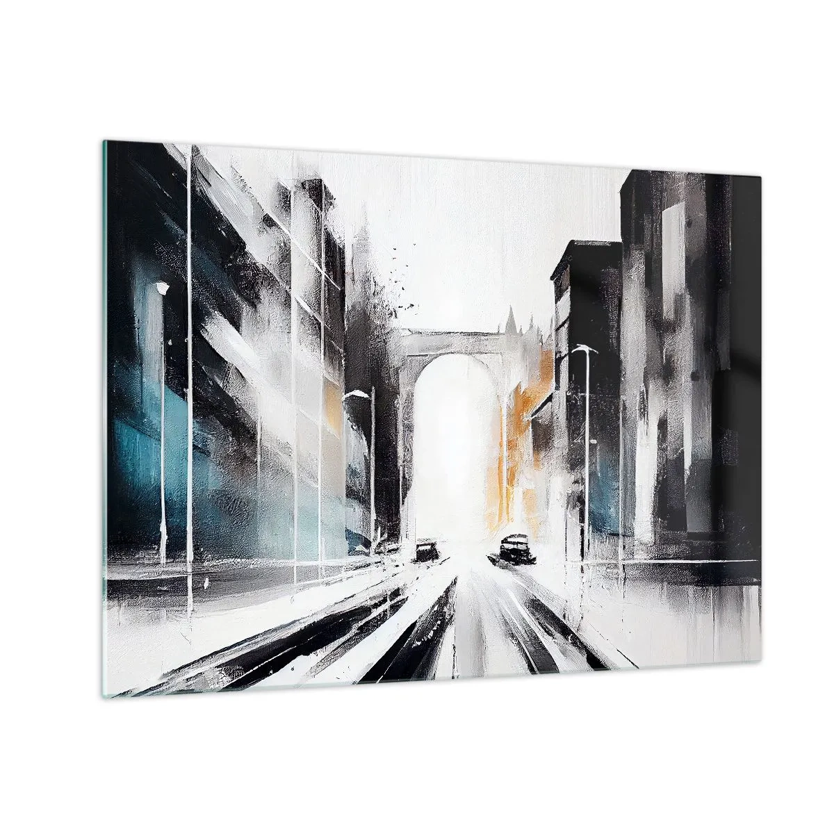 Cuadro sobre vidrio - Impresiones sobre Vidrio - Una calle urbana dinámica con coches y un arco al fondo en estilo pictórico. - 70x50cm - Estudio de la ciudad: arquitectura y movimiento - Decoración de pared moderna para salón y dormitorio ARTTOR