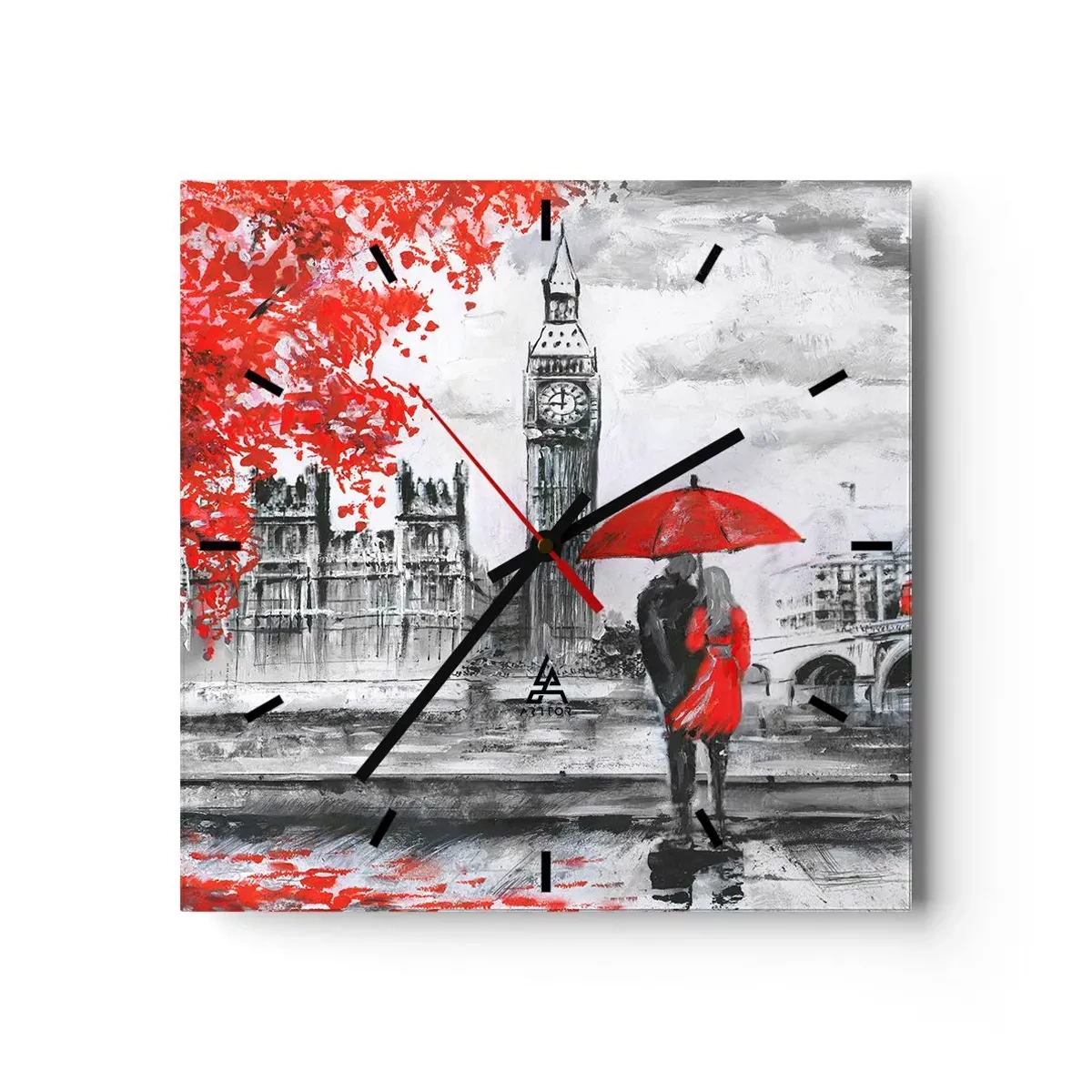 Reloj de pared - Reloj de vidrio - Escena romántica con el Big Ben y un paraguas rojo. - 30x30cm - Londres enamora - Decoración de pared moderna para salón y dormitorio ARTTOR