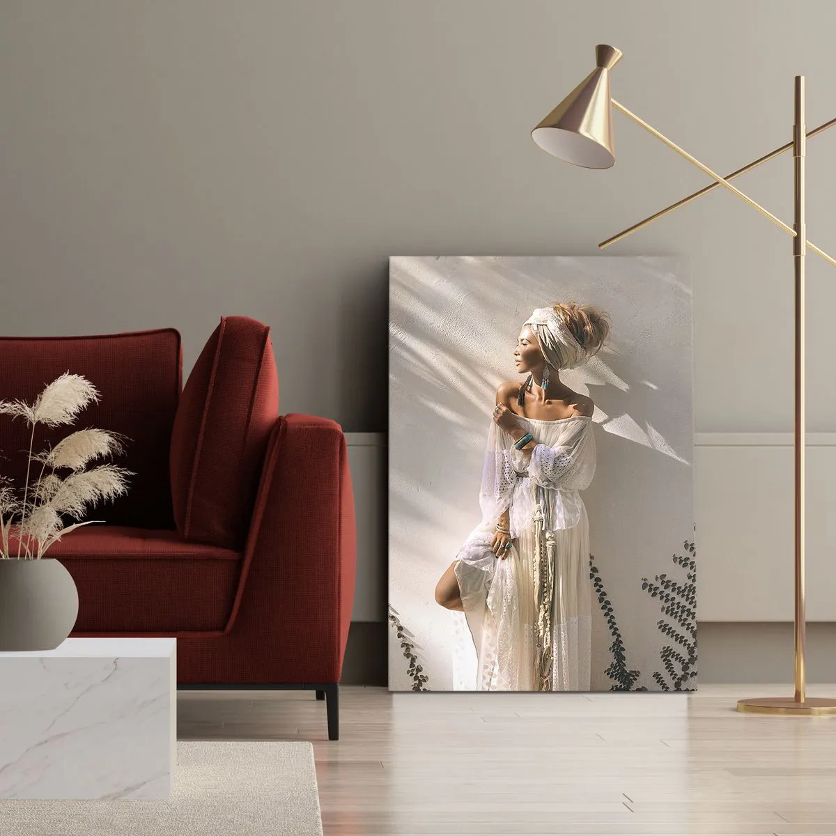Cuadro sobre lienzo - Impresión de Imagen - Una mujer de estilo boho iluminada por los rayos del sol. - 50x70cm - El sol y la joven - Decoración de pared moderna para salón y dormitorio ARTTOR