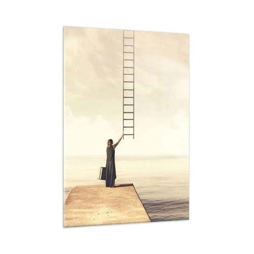 Cuadro sobre vidrio - Impresiones sobre Vidrio - Mujer en un muelle con una escalera que conduce al cielo. - 50x70cm - Un viaje mágico - Decoración de pared moderna para salón y dormitorio ARTTOR