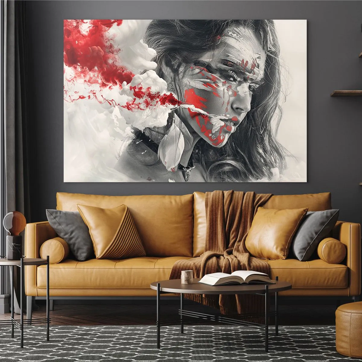 Cuadro sobre vidrio - Impresiones sobre Vidrio - Retrato de una mujer con patrones abstractos rojos y blancos. - 100x70cm - En los humos del absurdo - Decoración de pared moderna para salón y dormitorio ARTTOR