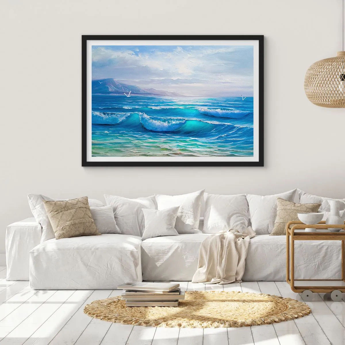 Póster en marco negro - Un pintoresco paisaje marino con olas y un cielo azul. - 70x50cm - Trae consuelo - Decoración de pared moderna para salón y dormitorio ARTTOR