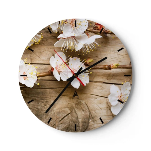 Reloj de pared - Reloj de vidrio - Flores de cerezo en flor sobre un fondo de tabla de madera en tonos cálidos. - 30x30cm - Se acerca la primavera - Decoración de pared moderna para salón, cocina y dormitorio ARTTOR
