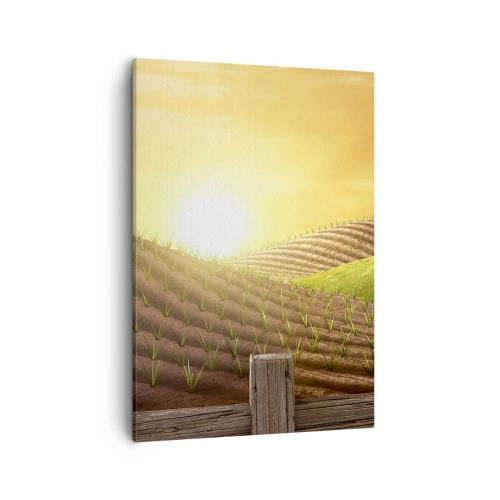 Cuadro sobre lienzo - Impresión de Imagen - Paisaje rural con un granero rojo, un tractor y el amanecer. - 50x70cm - Una granja como un cuento de hadas - Decoración de pared moderna para salón y dormitorio ARTTOR