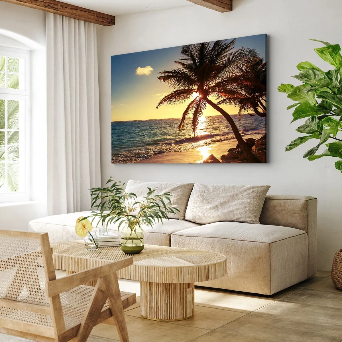 Cuadro sobre lienzo - Impresión de Imagen - Atardecer tropical sobre una playa con palmeras - 120x80cm - Verano bajo las palmeras - Decoración de pared moderna para salón y dormitorio ARTTOR