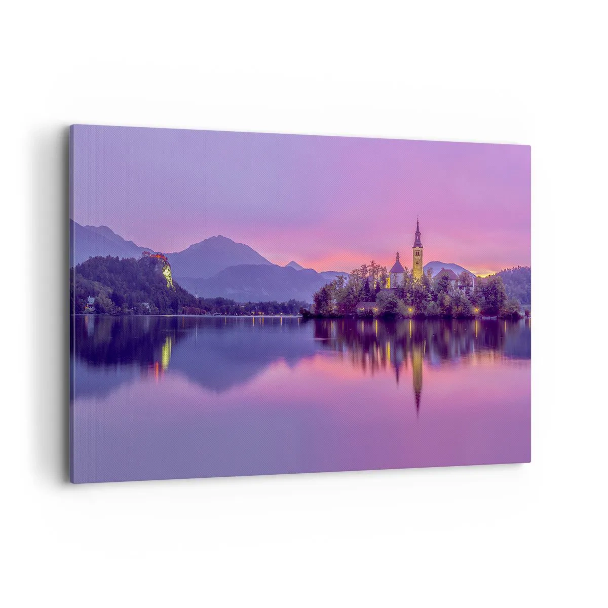 Cuadro sobre lienzo - Impresión de Imagen - Lago con una isla y una iglesia al atardecer - 120x80cm - Isla de cuento de hadas al atardecer - Decoración de pared moderna para salón y dormitorio ARTTOR