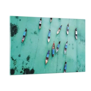Cuadro sobre vidrio - Impresiones sobre Vidrio - Barcos en aguas turquesas vistos desde arriba - 120x80cm - En alegre espera - Decoración de pared moderna para salón y dormitorio ARTTOR