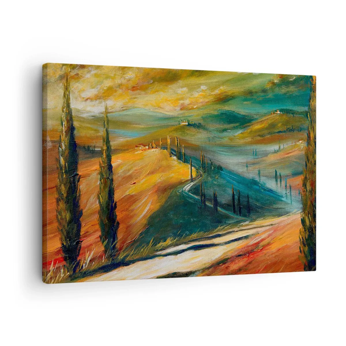 Cuadro sobre lienzo - Impresión de Imagen - Paisaje toscano con campos, camino y cipreses. - 70x50cm - Paisaje toscano - Decoración de pared moderna para salón y dormitorio ARTTOR