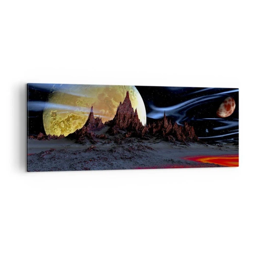 Cuadro sobre lienzo - Impresión de Imagen - Un paisaje fantástico con planetas y paisajes volcánicos. - 140x50cm - Mundo desconocido - Decoración de pared moderna para salón y dormitorio ARTTOR